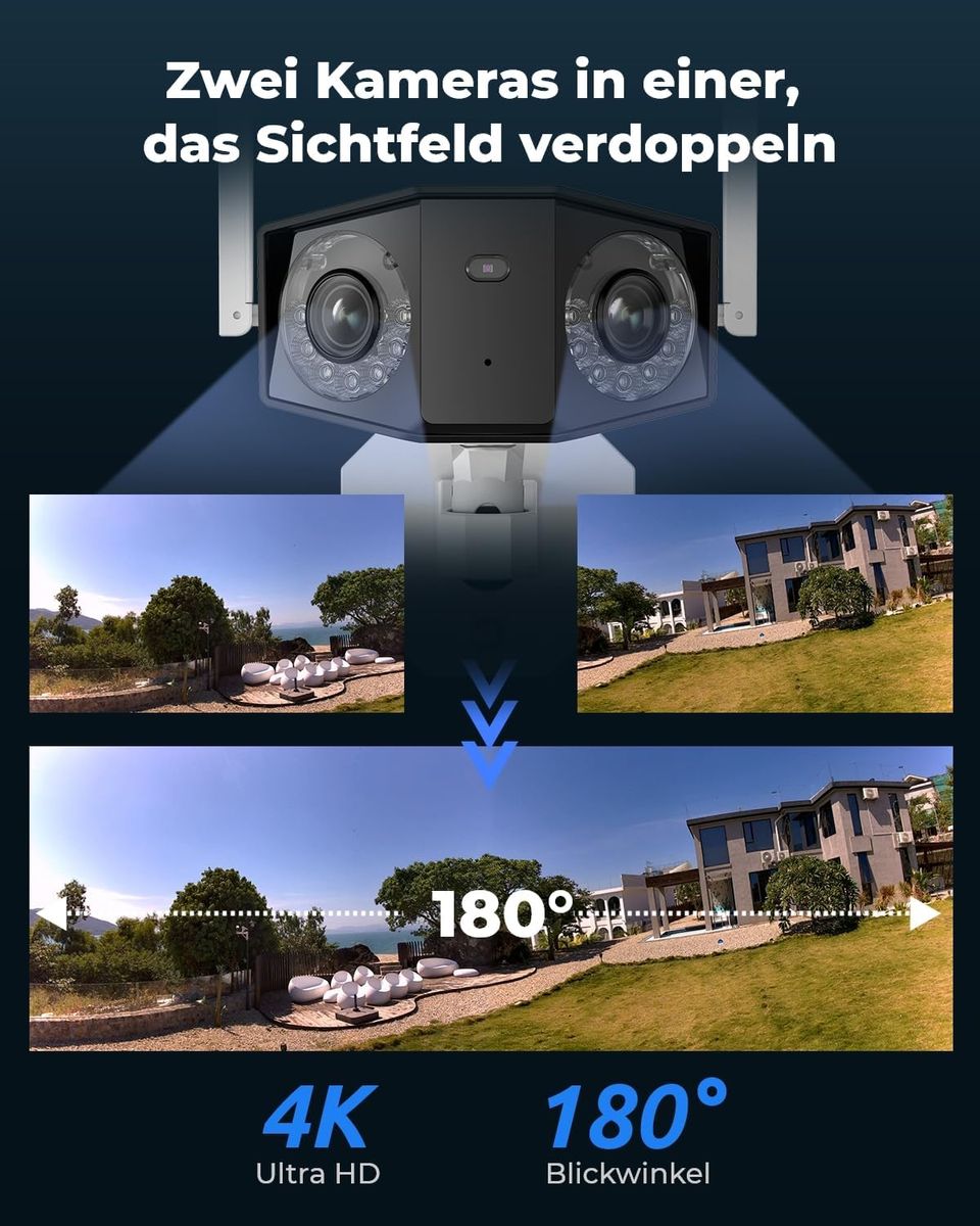 Reolink Duo 2 WiFi 4K Dual-Lens Außen WLAN Überwachungskamera, 180° Ultraweitwinkel, Personen-/Fahrzeug-/Tier-Erkennung, Farbnachtsicht, 2-Wege-Audio, Dualband 2,4/5 GHz