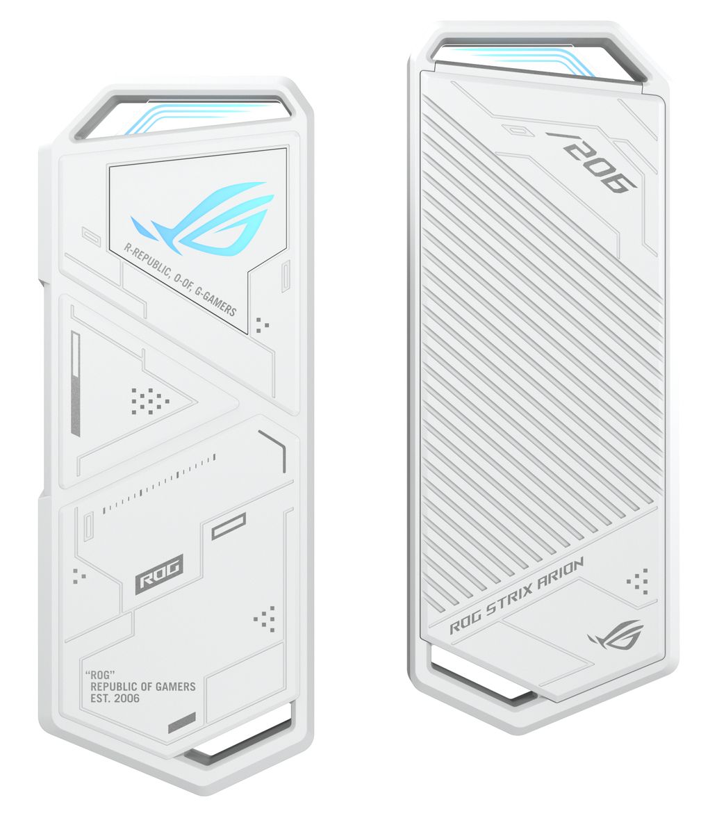 ASUS ROG Strix Arion White Edition M.2 NVMe SSD-Gehäuse, USB 3.2 Gen 2 (10 Gbit/s), toollose Installation, Aluminium, ASUS Aura Sync, USB‑C & USB‑A Kabel