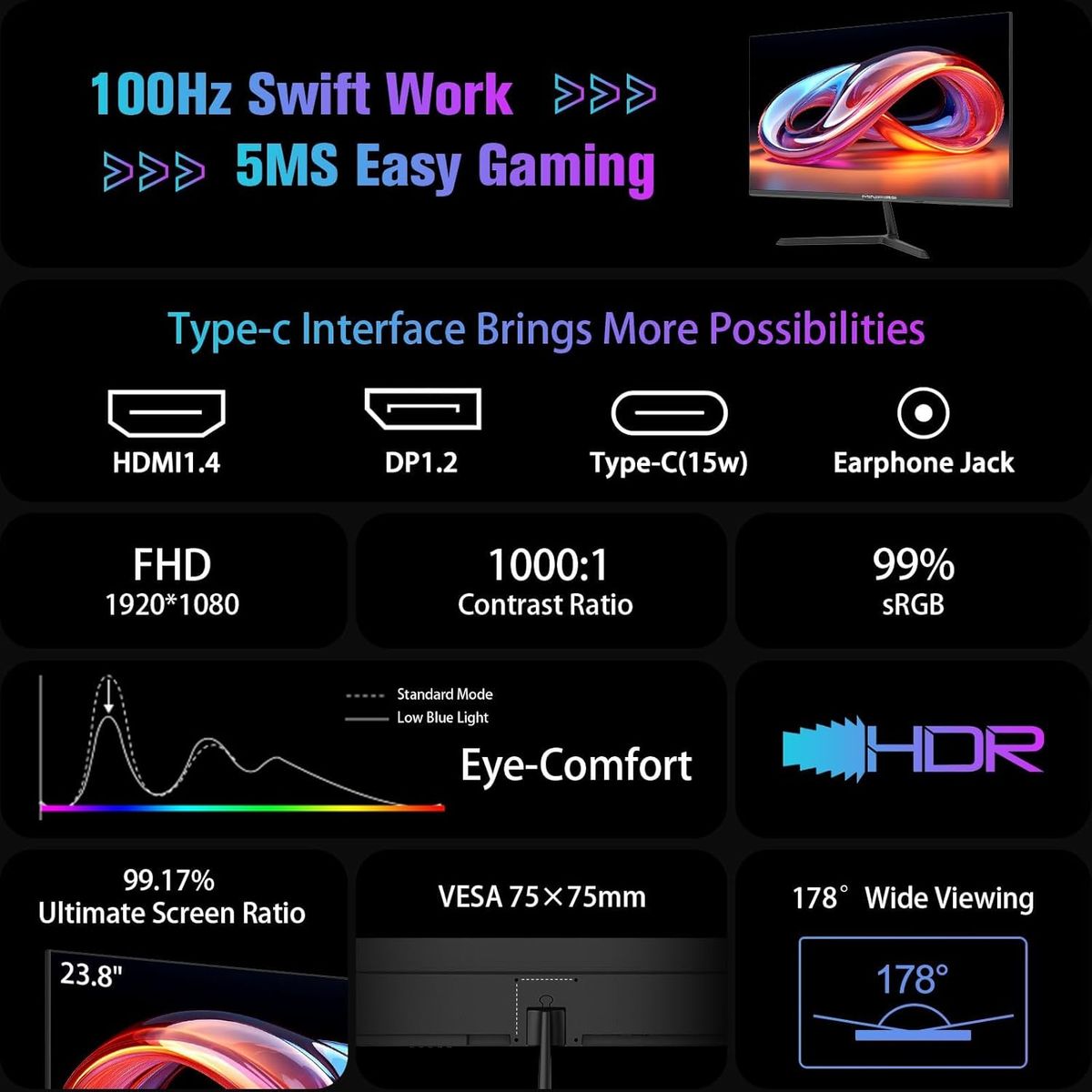 Minifire 24-Zoll USB-C Monitor mit Lautsprecher, 100 Hz, IPS, FHD 1080P Adaptive Sync PC Bildschirm, HDMI USB-C Anschlüsse