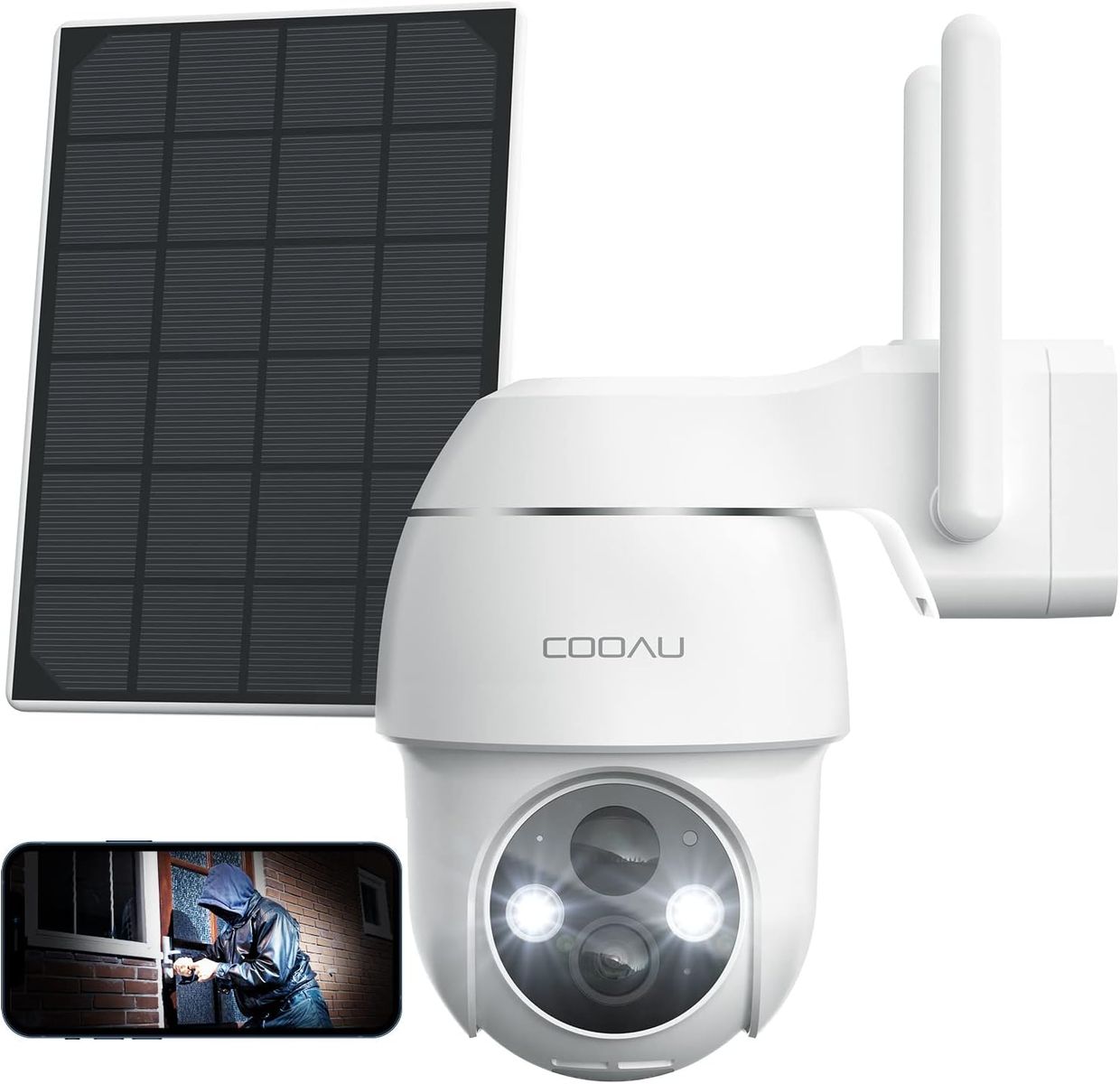COOAU Überwachungskamera Aussen Solar Akku, 2K PTZ 355°/90° Kabellos WLAN IP Kamera ​Outdoor mit PIR Bewegungsmelder, Farbige Nachtsicht，Spotlight，IP66 ,2-Wege-Audio, Cloud-Speicher Weiß
