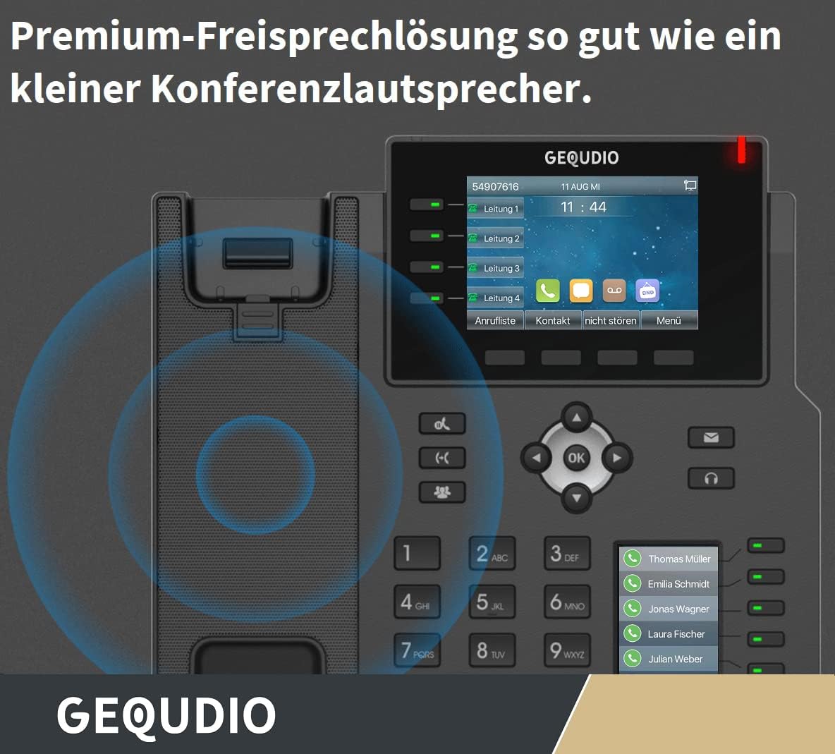 GEQUDIO IP Telefon GX5+ inklusive Netzteil, USB WLAN Stick - Fritzbox, Telekom kompatibel - Premium Freisprechen - Anweisungen für FritzBox, Sipgate, Telekom Digitalisierungsbox, Speedport Single
