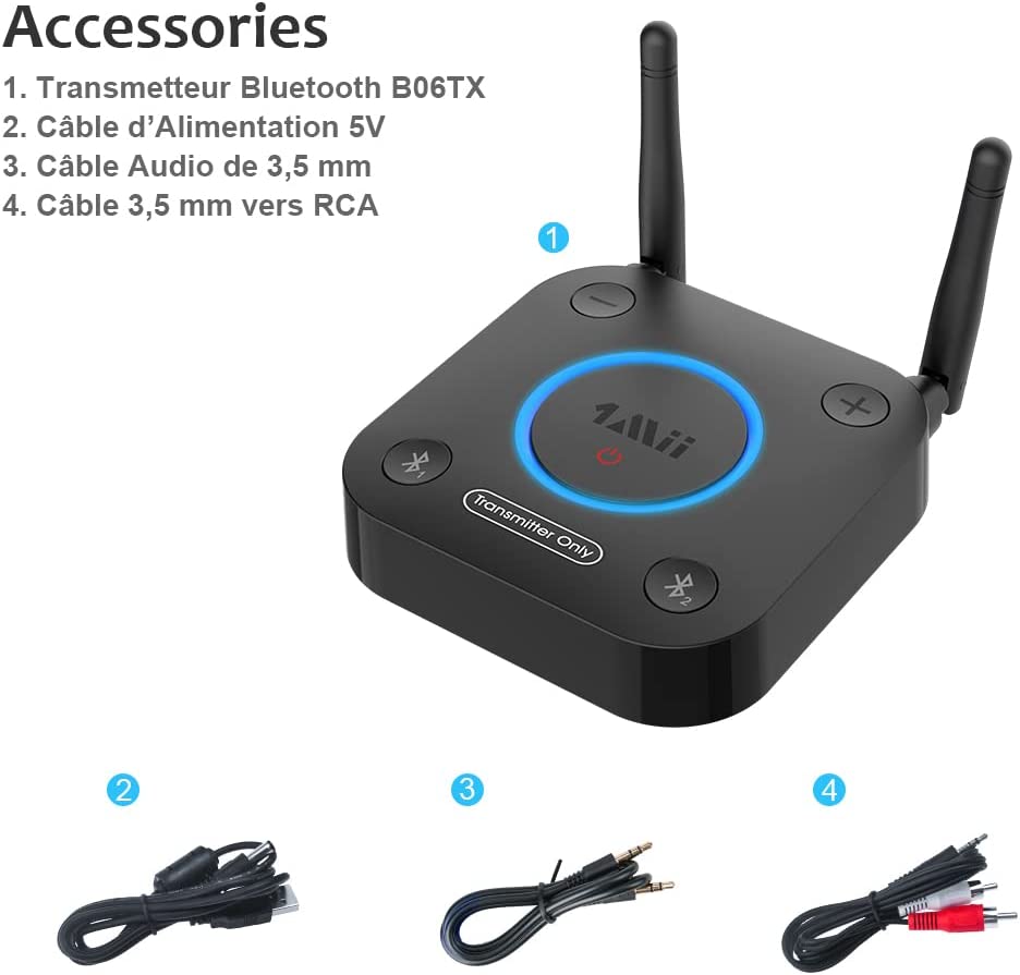 1mii B06TX Bluetooth 5.0 Transmitter Adapter Bluetooth für Fernseher mit Lautstärkeregler, Audio-Eingang AUX Cinch optischer Koaxial Plug n Play, niedrige aptX Latenz