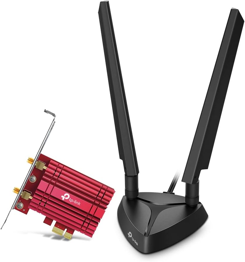 TP-Link Archer TXE75E Wi-Fi 6E WLAN PCIe Netzwerkkarte mit Bluetooth 5.2, 5400 Mbps, WPA3, Inter Chipsatz mit 2 abnehmbaren Antennen, Win 11/10 AXE5400 Wi-Fi 6E + Base