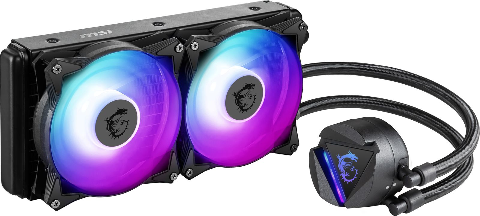 MSI MAG-CRLQD-240R2 240 mm AiO Wasserkühlung, 2x 120 mm Lüfter, RGB (Blau/Pink), 4200 RPM Pumpe, 12 V, Schwarz
