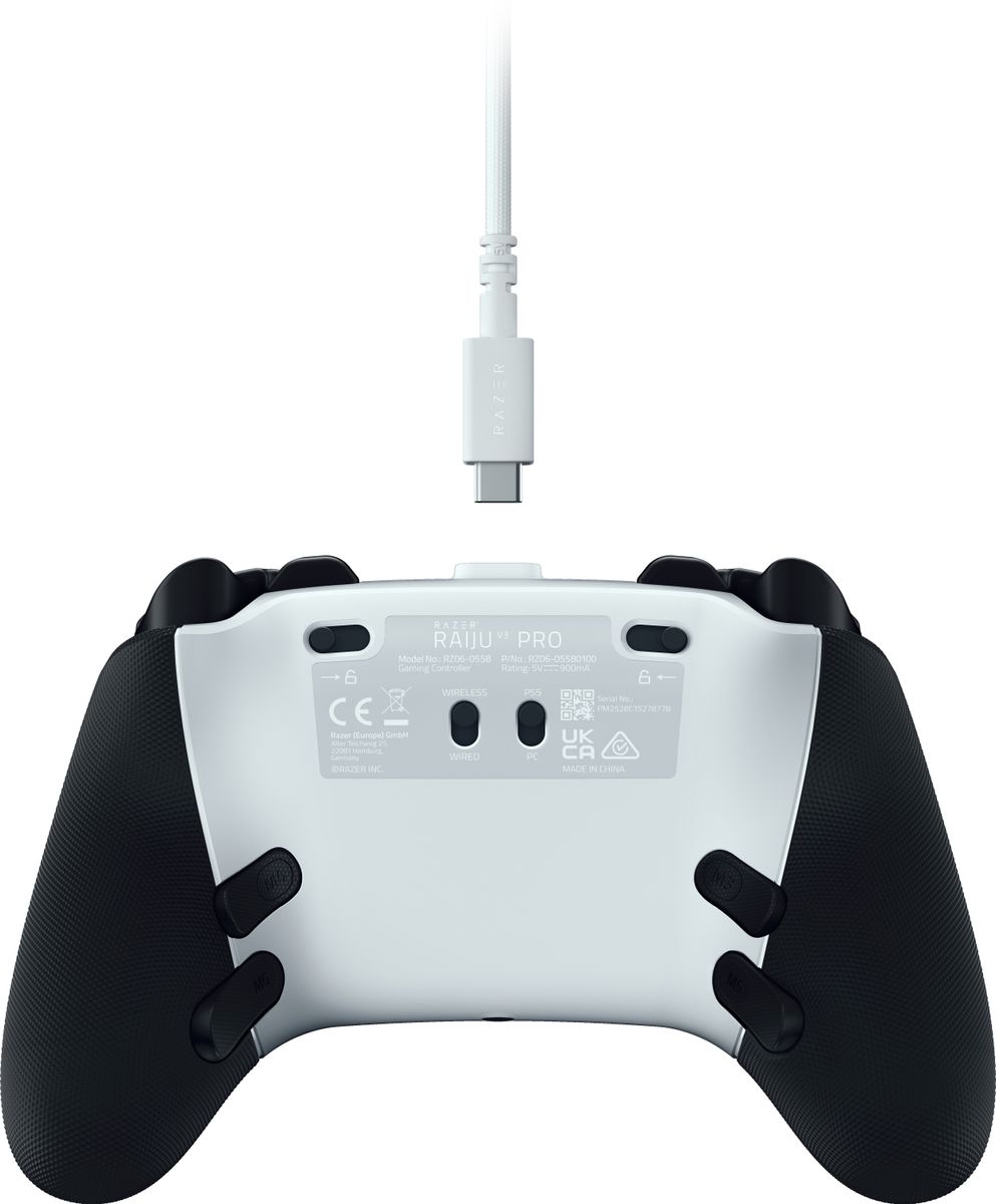 Razer Raiju V3 Pro Kabelloses & Verkabeltes Gamepad, RF & USB, Analog, PC, PlayStation 5, 36 h Akku, Schwarz/Weiß