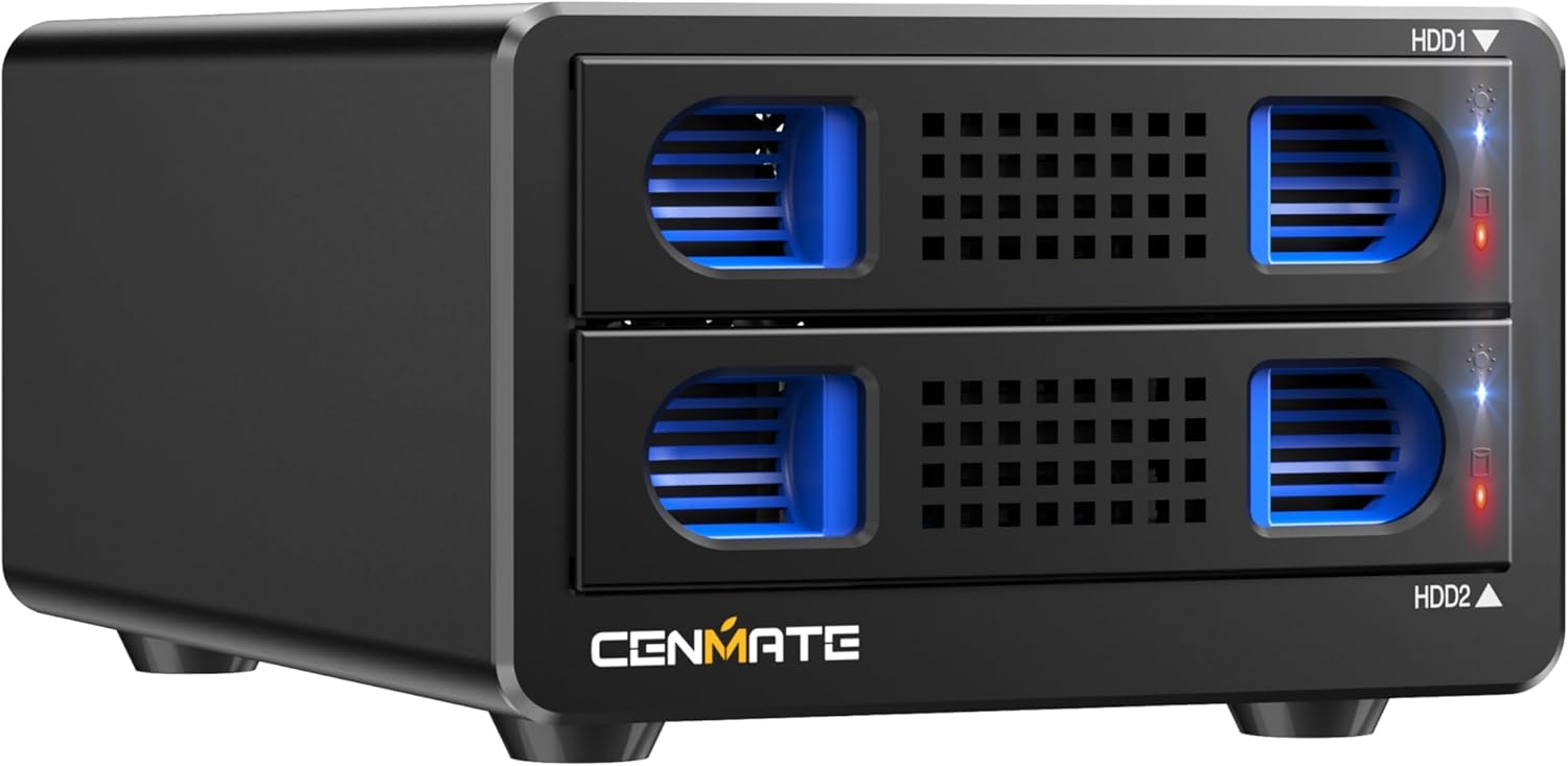 Cenmate 2 Bay Aluminium Festplattengehäuse für 2,5/3,5 Zoll SATA HDD/SSD, USB A/C 3.0, werkzeuglos, Lüfter, Hot-Swap, Daisy Chain, DAS (kein RAID/NAS)