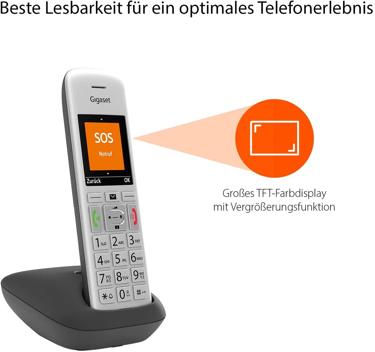 Gigaset E390 Cordless senior phone large color display SOS emergency call function 4 numbers 2 acoustic profiles large backlit buttons/black