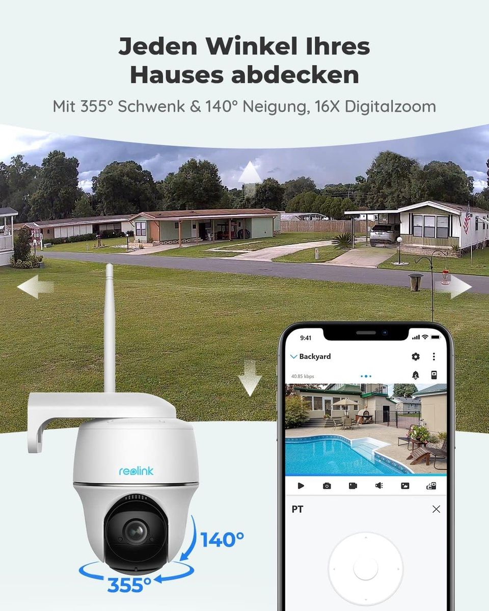 Reolink 2K 4MP PTZ Solar Überwachungskamera Aussen Akku, 360°/140° Pan Tilt WLAN IP Kamera Outdoor mit 2,4/5GHz WiFi, Personen-/Autoerkennung, PIR-Bewegungsmelder, 2-Wege-Audio, Argus PT+Solarpanel