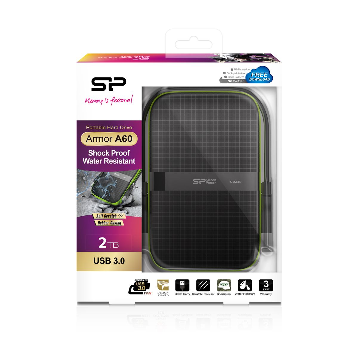 Silicon Power Armor A60 Externe Festplatte 2 TB 2,5" USB Typ-A 3.2 Gen 1 (3.1 Gen 1) Schwarz, Stoß- & Wasserfest, IPX4, 256-bit AES