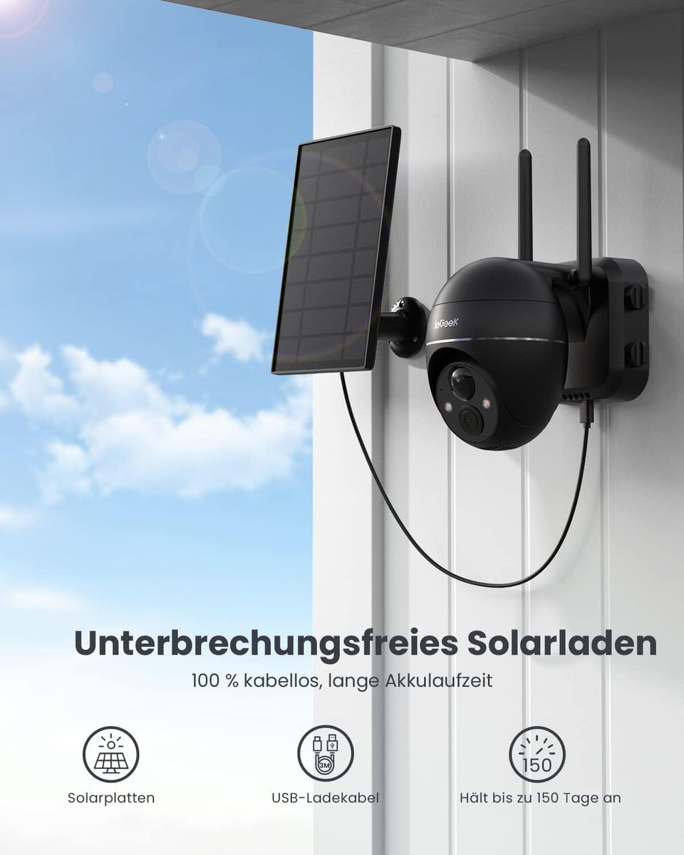 ieGeek 2K Solar Überwachungskamera Aussen Akku, 355°/140° Pan Tilt Kabellose Überwachungskamera mit Farbnachtsicht, PIR Bewegungsmelder, Sirene/Weißlichtalarm, 2-Wege-Audio, IP65, Cloud/SD Storage Kamera1 Schwarz