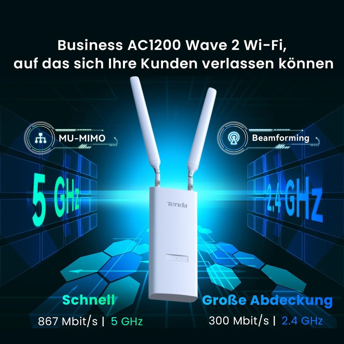Tenda OAP1200 Access Point Outdoor, Gigabit Dualband WLAN Access Point (AC1200, 802.3at & 24V Passive PoE, IP65 Wasserfest, 1 Gigabit Port) weiß