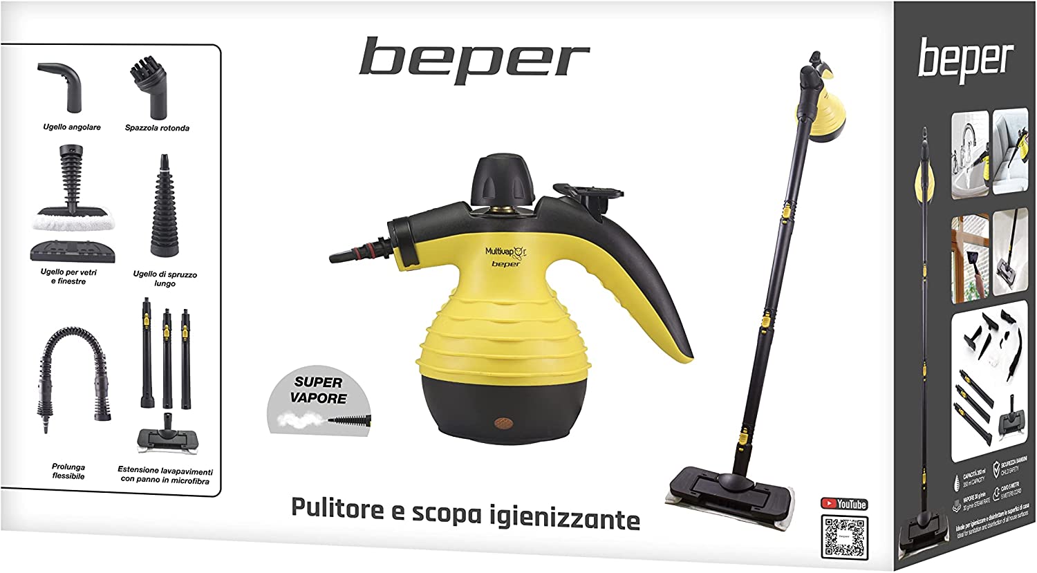 BEPER P202VAL001 Dampfreiniger Reinigungs-und Desinfektionsbesen 10in1 Ideal für mehrere Oberflächen Weiss Media