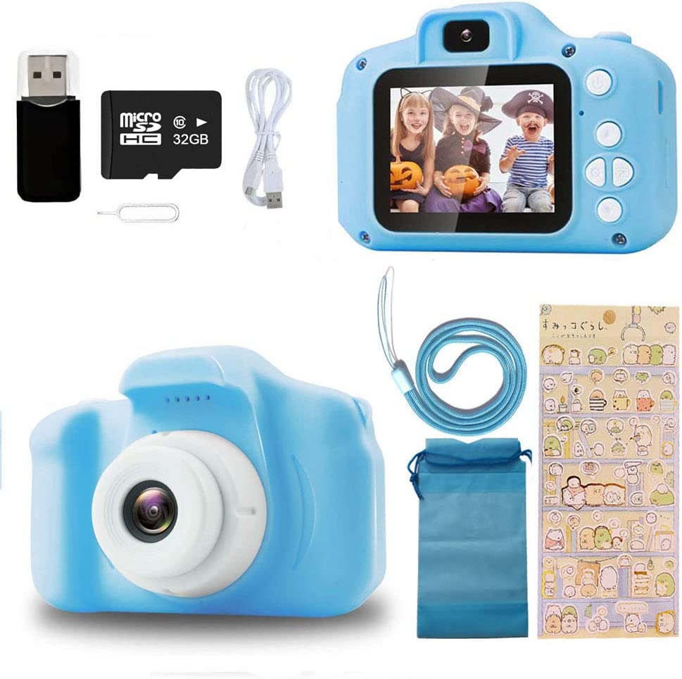 Kinderkamera Digitalkamera Spielzeug 2 Zoll HD-Bildschirm 1080P 32GB TF-Karte Video Fotoapparat Spiele Mehere Fotomodi Geschenke Jungen Mädchen (Blau)
