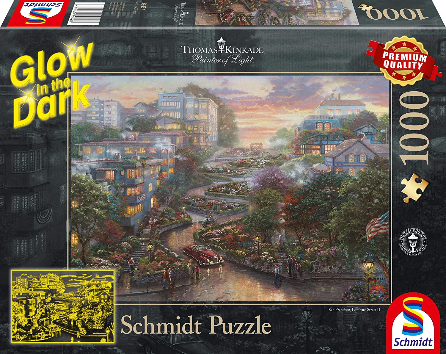 Schmidt Spiele 59497 Thomas Kinkade, San Francisco, Lombard Street, Glow in The Dark Jigsaw Puzzle (1000 Pieces), Colourful