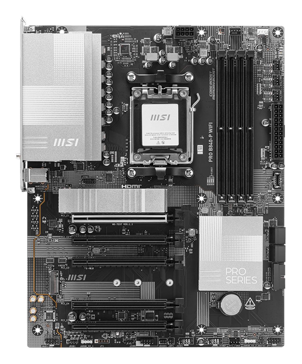 MSI PRO B840-P WIFI Mainboard, Sockel AM5, AMD B840, ATX, DDR5 4x DIMM 256 GB, 2.5 Gigabit LAN, Wi‑Fi 7 (802.11be) & Bluetooth 5.4, M.2, HDMI 2.1, RAID 0/1/10