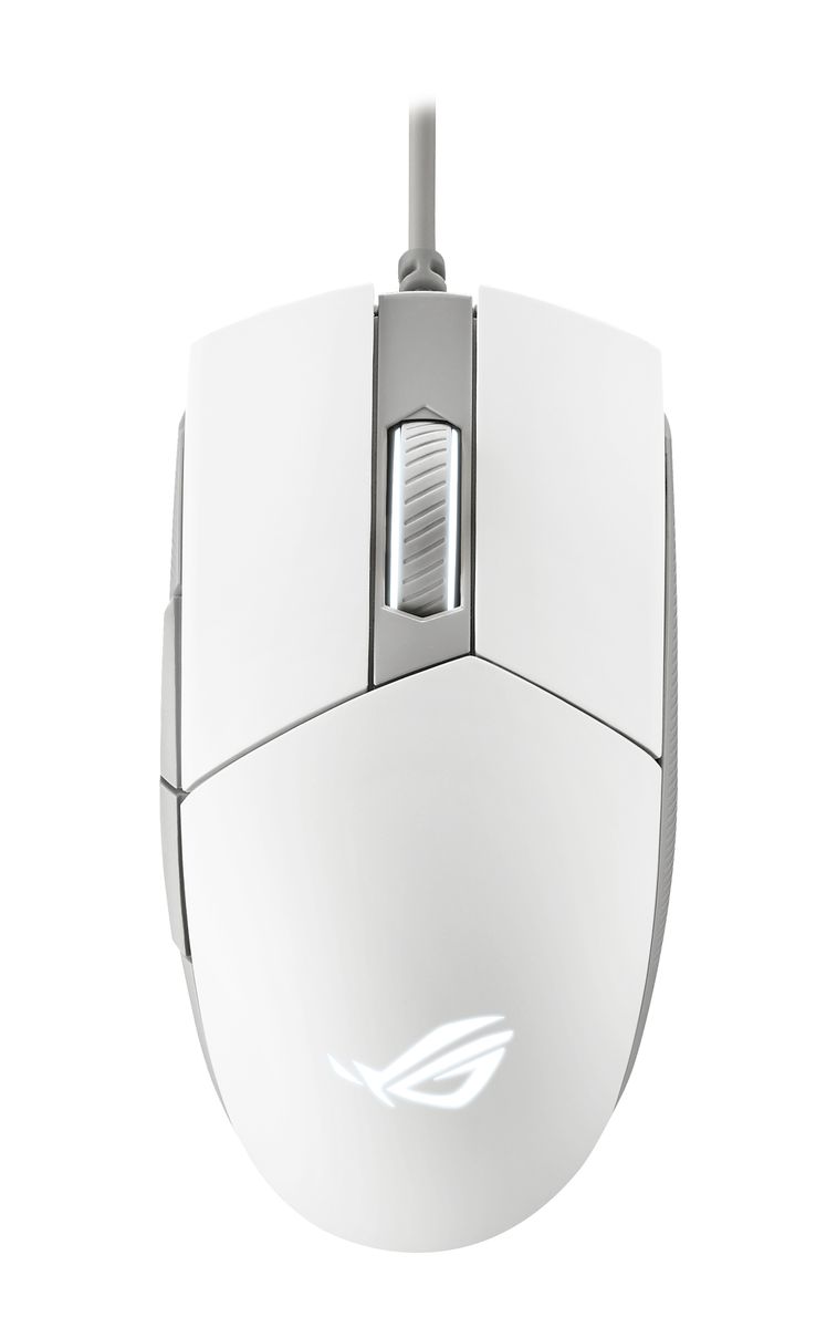 ASUS ROG Strix Impact II Moonlight White Gaming-Maus, beidhändig, kabelgebunden USB Typ-A, optischer Sensor 6200 DPI, 5 Tasten, RGB, 1000 Hz, 79 g