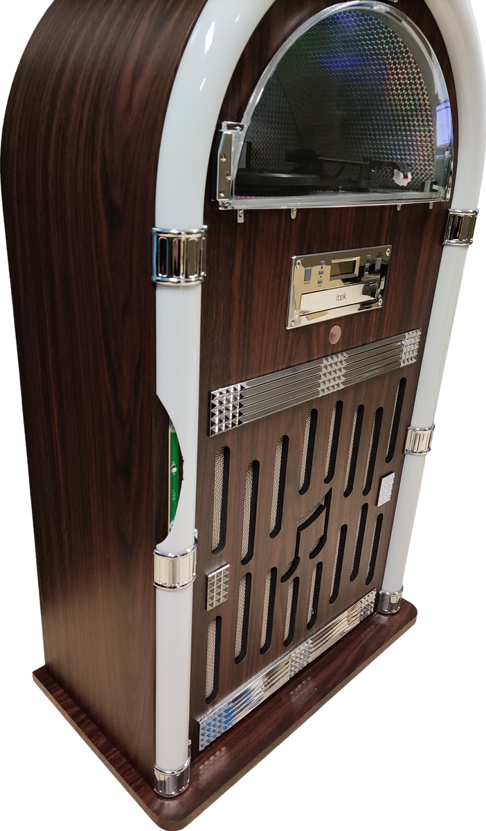 iTek I60021 Floorstanding Jukebox Record Player Bluetooth Connectivity FM Radio CD Player Colour-Changing LED Lights Remote Control Included Wood Finish BROWN 87.5 cm*34.5 cm*34.5 cm