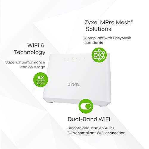 Zyxel DX3301-T0-EU01V1F Tabletop VDSL WLAN-Router, Wi‑Fi 6 (802.11ax), Dual-Band 2,4/5 GHz, Gigabit Ethernet, DSL-WAN, USB, Weiß