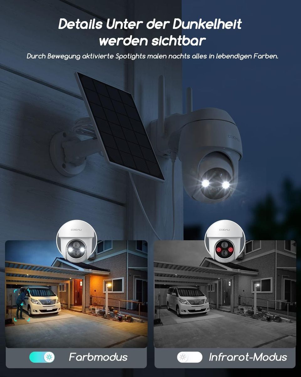 COOAU Überwachungskamera Aussen Solar Akku, 2K PTZ 355°/90° Kabellos WLAN IP Kamera ​Outdoor mit PIR Bewegungsmelder, Farbige Nachtsicht，Spotlight，IP66 ,2-Wege-Audio, Cloud-Speicher Weiß