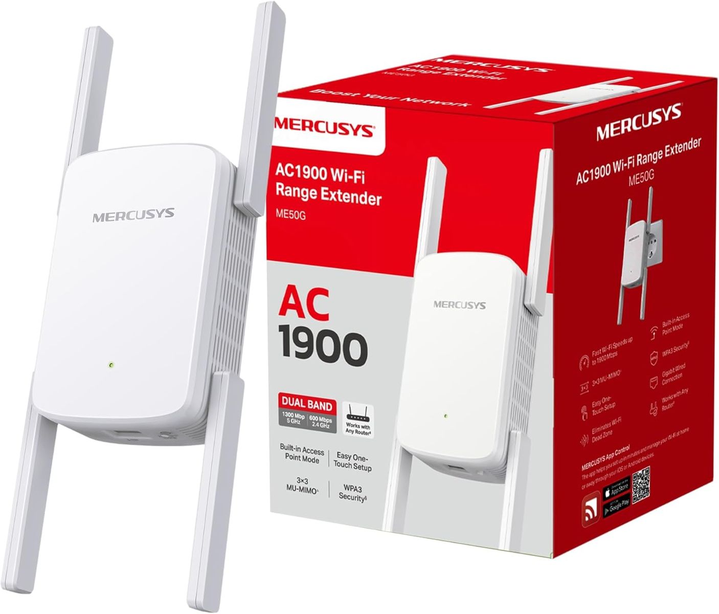 Mercusys ME50G AC1900 Wi-Fi Range Extender 1900 Mbps Dual Band WLAN Repeater 3×3 MU-MIMO Access Point Mode White v1.0
