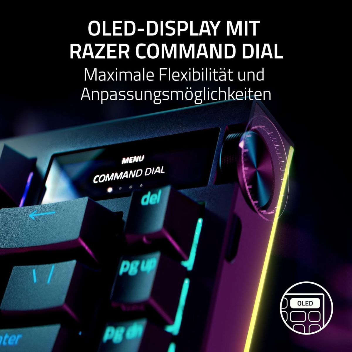 Razer BlackWidow V4 Pro 75% - Kabellose Hot-Swap-Gaming-Tastatur - OLED-Display (Befehlsrad, 4K Hz & Bluetooth-Konnektivitu00e4t, magnetische Handballenauflage) Schwarz - (USA Layout - QWERTY)