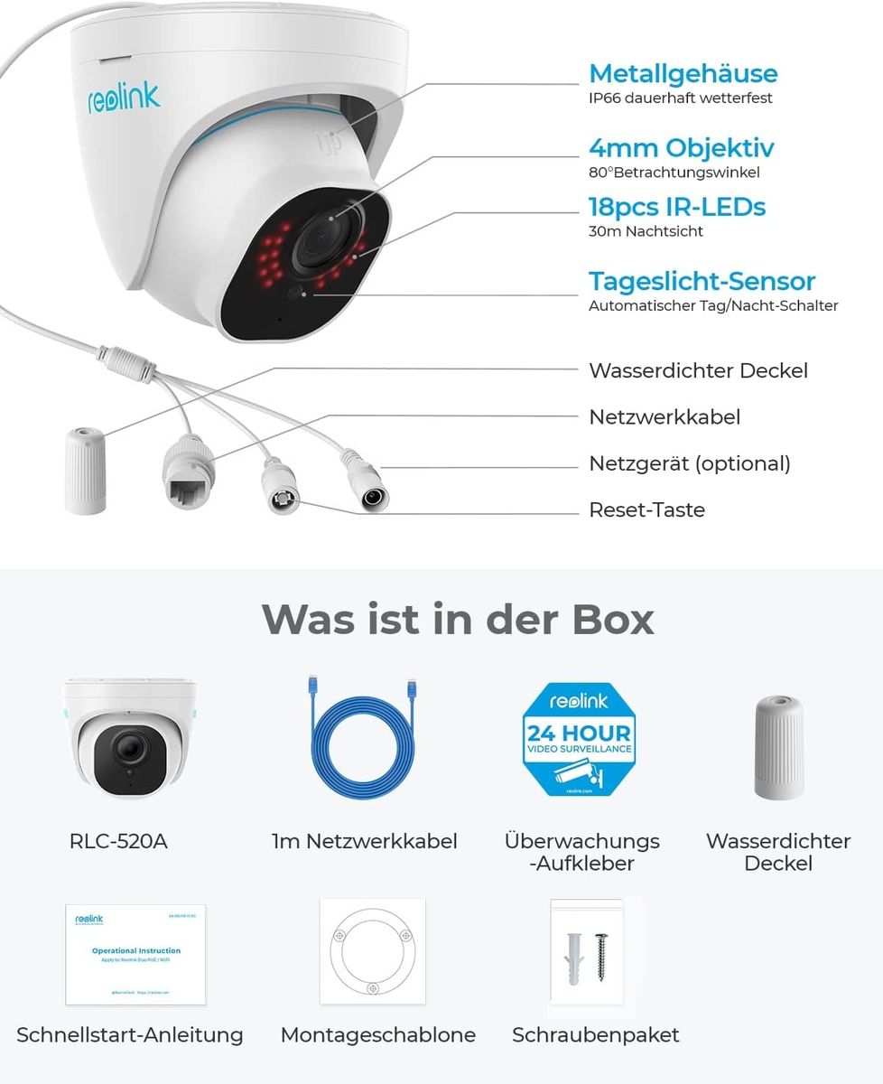 Reolink 5MP PoE IP Kamera Outdoor Personen-/Autoerkennung Überwachungskamera Aussen Zeitraffer IR Nachtsicht Wasserfest Micro SD Kartensteckplatz，RLC-520A 5mp Kamera