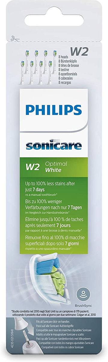 Philips Sonicare Original Optimal White HX6068/12 brush, removes up to 2x more discoloration, RFID chip, standard, pack of 8, White Pack of 8 Single