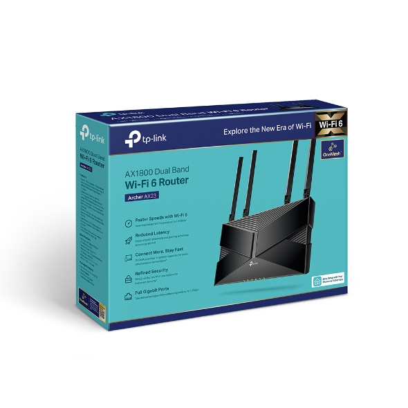 TP-Link Archer AX23 AX1800 Dual-Band Wi-Fi 6 Router 1201 Mbit/s 5 GHz 574 Mbit/s 2,4 GHz 4 × Gigabit LAN-Ports WPA3 HomeCare Tether APP Unterstützt keine DSL-Funktion