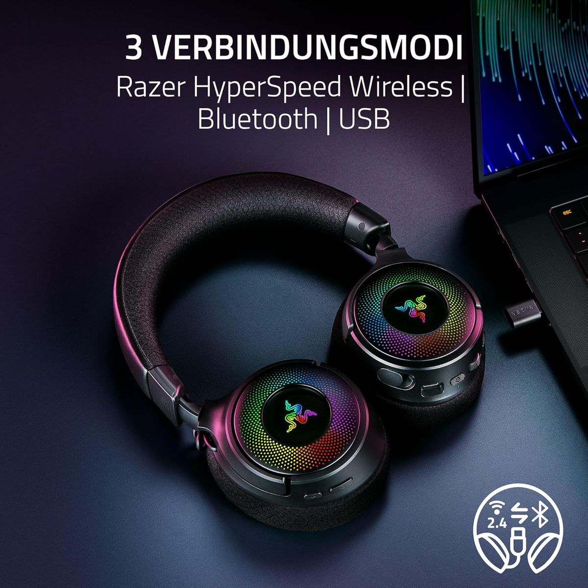 Razer Kraken V4 - Kabelloses PC Gaming-Headset (3-Modi-Konnektivität, Triforce 40mm Treiber, 9-Zonen-RGB-Beleuchtung der Ohrmuscheln, Mix- und Lautstärkeregelung, THX Spatial Audio) Schwarz