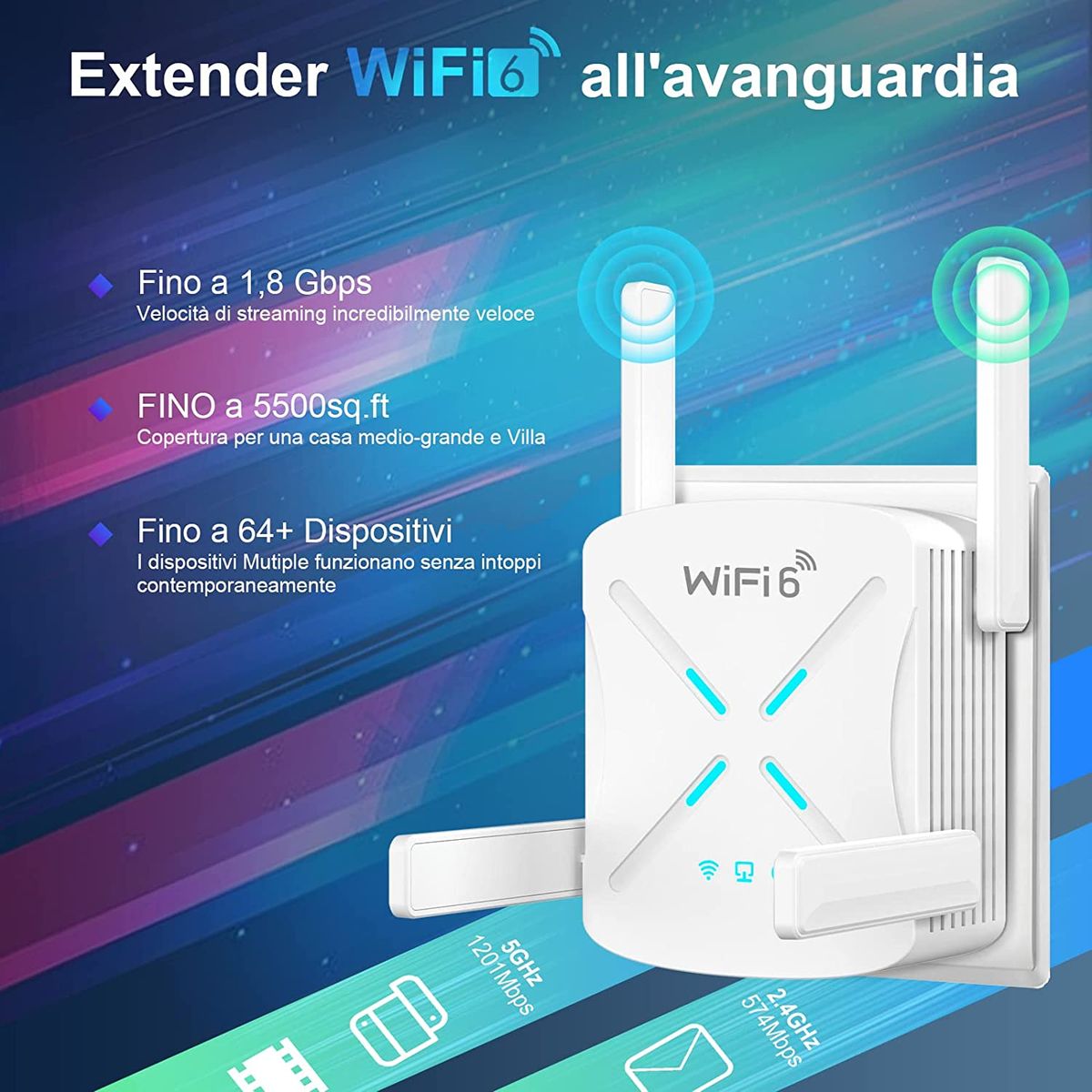 COTCLO Wi-Fi 6 Repeater Wi-Fi Extender 1800Mbps Dual Band 5G & 2.4G WLAN-Verstärker 1 Gigabit LAN/WPS/4 x 2dBi unterstützt Repeater/Router/AP Modus