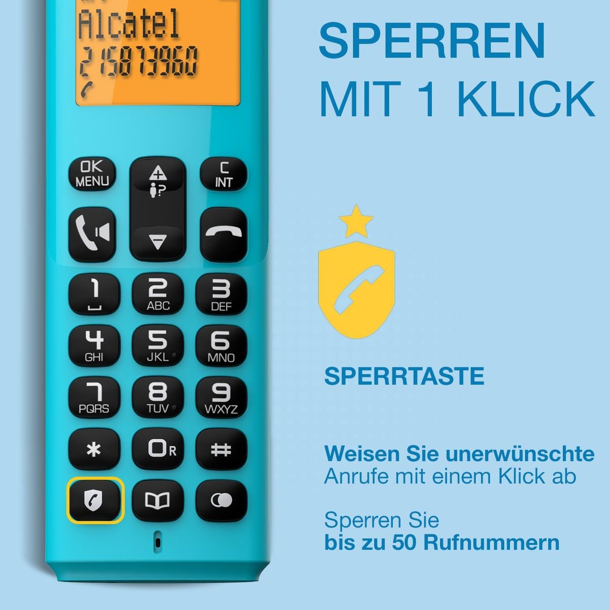 ALCATEL E260 - Schnurloses DECT-Telefon - Kompaktes Design - Großes hintergrundbeleuchtetes Display - Freisprechfunktion - Funktion zur Sperrung unerwünschter Anrufe - Blau