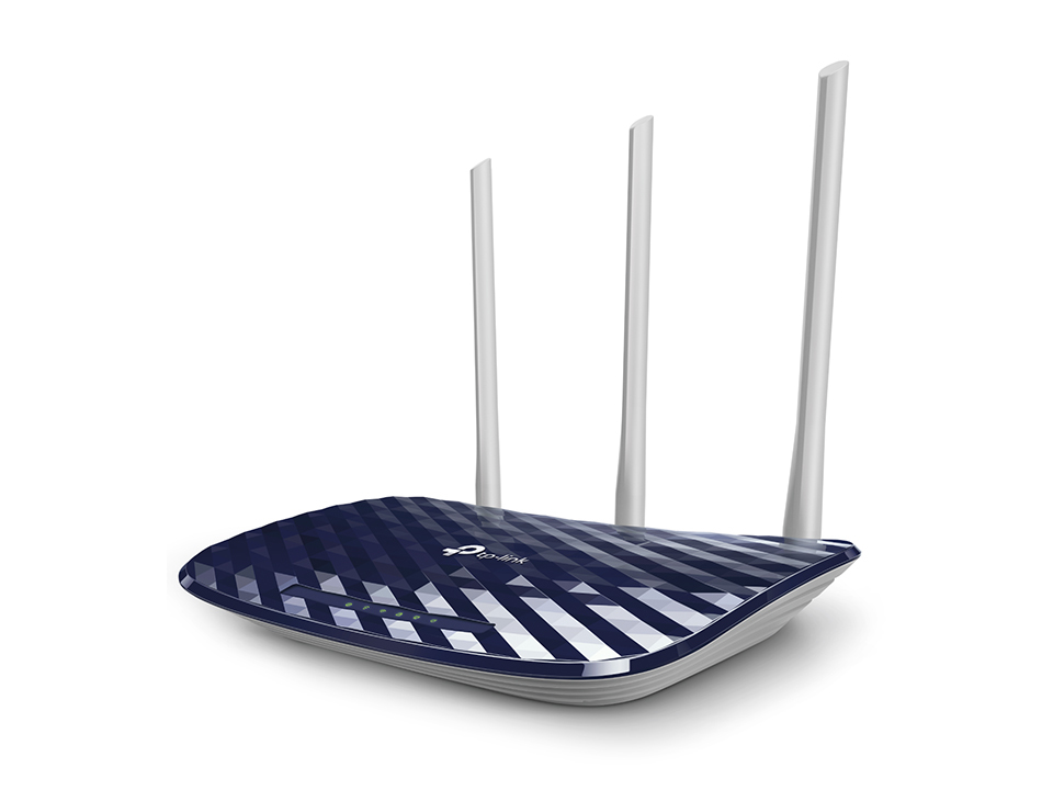 TP-Link Archer C20 Dual Band WLAN Router (300Mbit/s auf 2,4GHz + 433Mbit/s auf 5GHz, 4 10/100 LAN + 1 10/100 WAN Ports, unterstützt einfachen Gast-Netzwerk Zugriff und Kinderschutz) blau weiß Single
