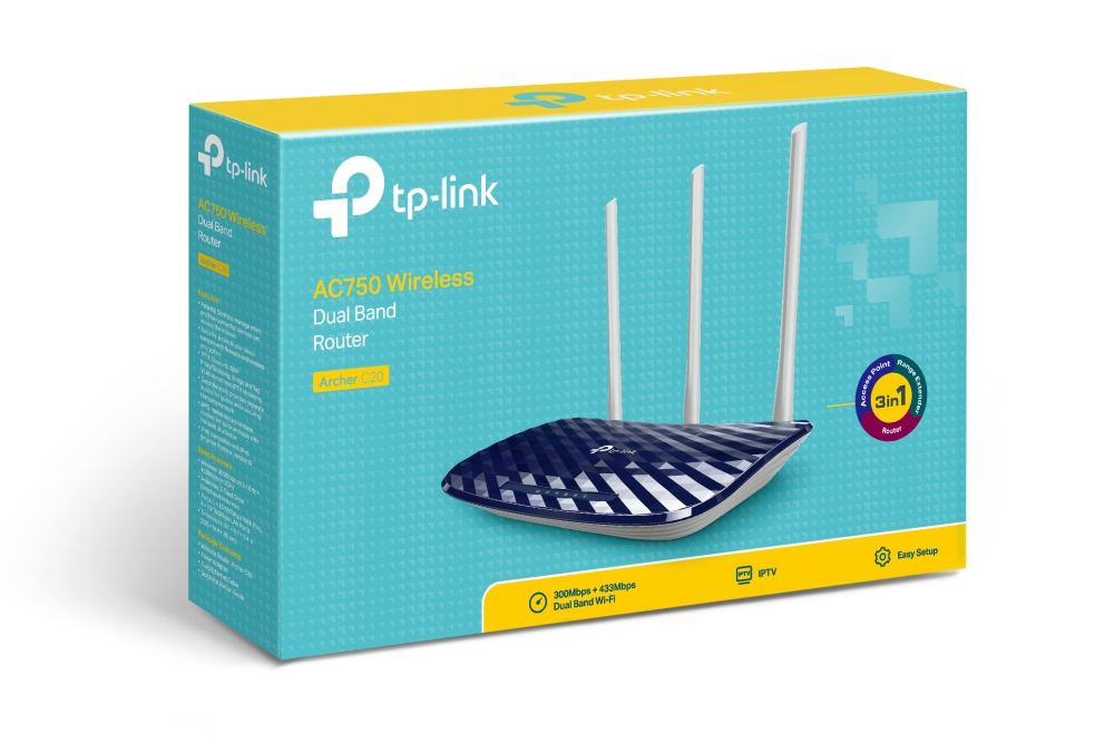 TP-Link Archer C20 Dual Band WLAN Router (300Mbit/s auf 2,4GHz + 433Mbit/s auf 5GHz, 4 10/100 LAN + 1 10/100 WAN Ports, unterstützt einfachen Gast-Netzwerk Zugriff und Kinderschutz) blau weiß Single