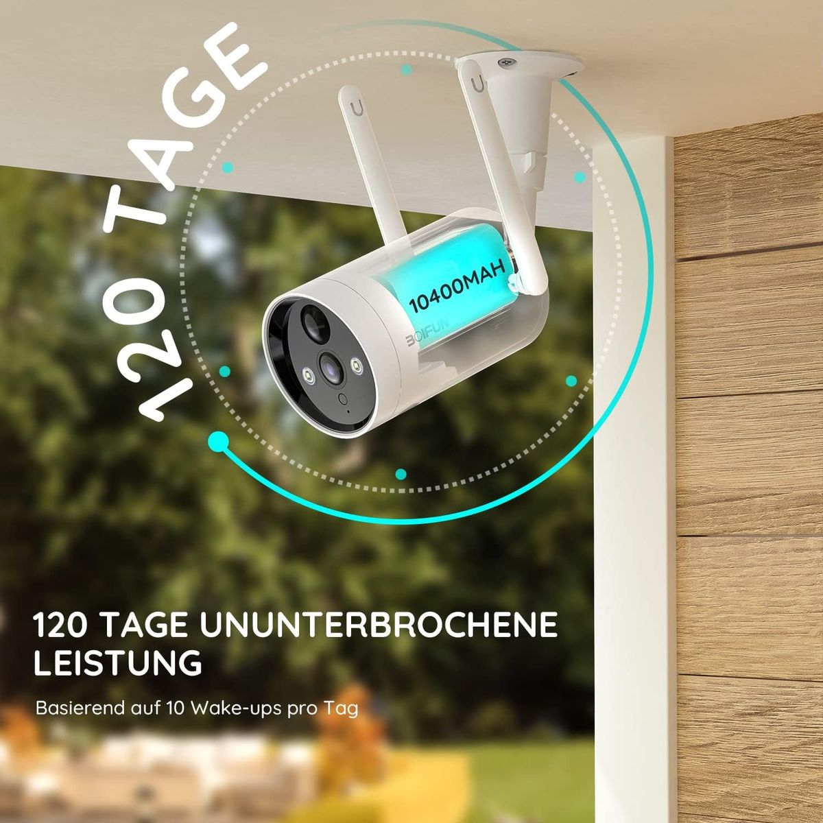 BOIFUN CAM41 2K Außen-Überwachungskamera, Akku 10400mAh, Kabellos WLAN, Doppelantenne, PIR-Bewegungsmelder, 110dB Alarm, Farbnachtsicht 20m, 4MP