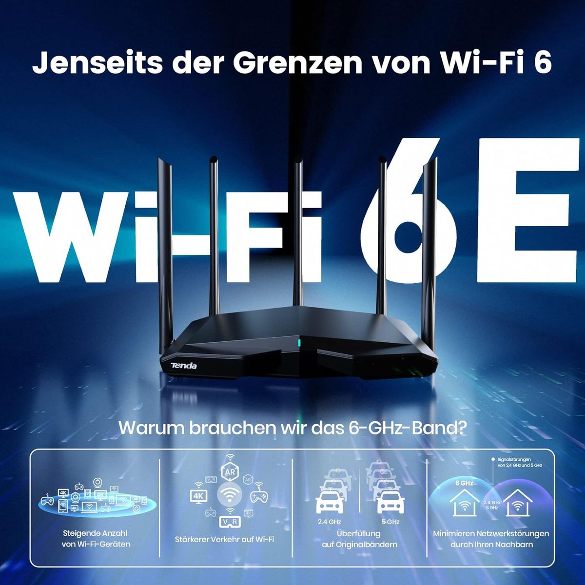 Tenda RX27 Pro WiFi 6E WLAN Router (AX5700 Tri-Band 6GHz:2402Mbps+5GHz: 2402Mbps+2,4GHz:861Mbps), 5 * 6dBi Antennen, Gigabit-Port, MU-MIMO, VPN, IPv6, WPA3, WiFi+ Mesh für AR/VR/4K/8K Video, Schwarz RX27 Pro|Wi-Fi 6|AXE5700