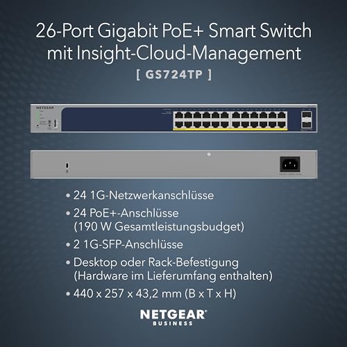 NETGEAR GS724TP-300EUS Managed L2/L3/L4 Gigabit Ethernet Switch, 24x RJ45 + 2x SFP, PoE 380W, Rackmount, Blau