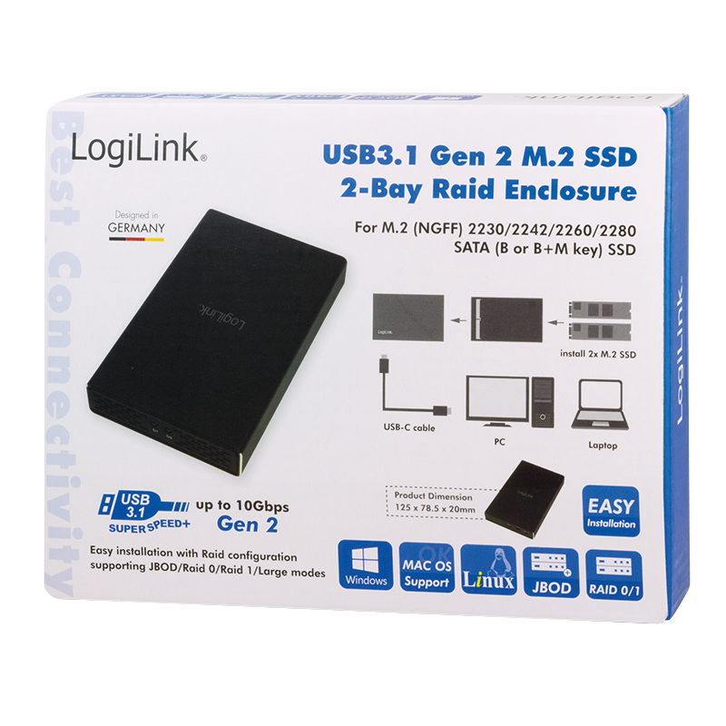 LogiLink UA0297 Festplattengehäuse 2-Bay (2X M.2 SSD) RAID, M.2 SATA SSD, USB 3.1 Gen2 Schwarz
