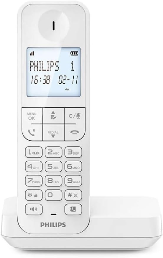Philips D2701W Schnurloses Festnetztelefon, 11,6 cm (4,6 Zoll), vertikales Mikrofon, Freisprecheinrichtung, bis zu 14 Stunden, optimierte Antenne, Privatsphäre-Einstellungen, Weiß