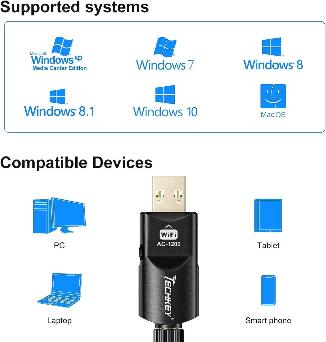 Techkey WLAN Stick 1200 Mbit/s, Techkey USB 3.0 WLAN Adapter 802.11 AC Dualband WiFi Adapter 2,42 GHz / 300 Mbit/s 5,8 GHz / 866 Mbit/s 5dBi High Gain-Antenne für Windows 11-7 / XP / Vista / Mac OS 10.9-10.15 Schwarz