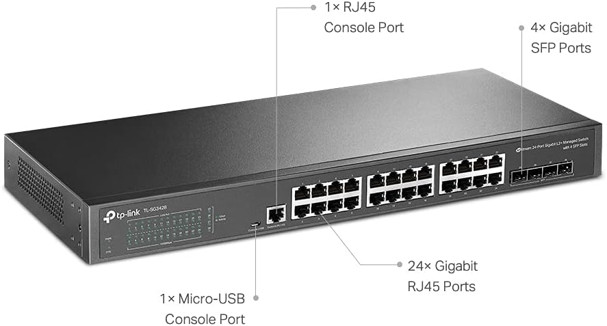 TP-Link TL-SG3428 24-Port Gigabit L2 Managed Network LAN Switch with 4 SFP Slots (19 Inch Rack Mounting, Central Cloud Management, Omada SDN, IPv6, QoS, IGMP, LAN) Black, Business Network