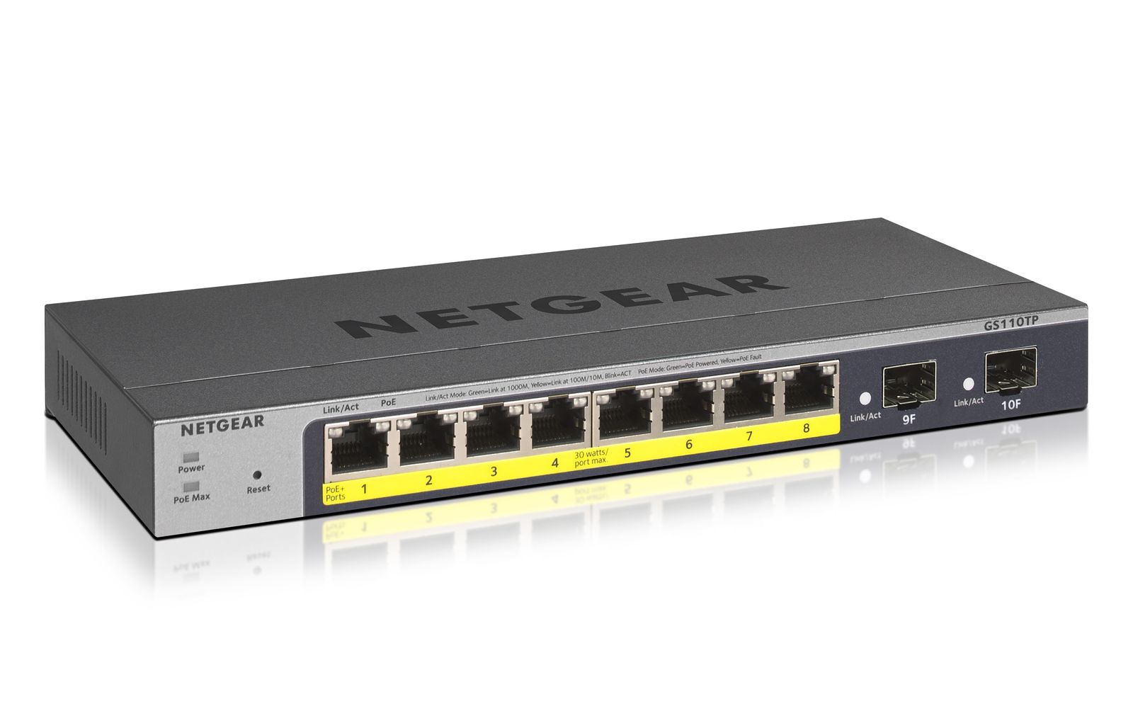 NETGEAR GS110TP-300EUS Managed 8-Port Gigabit PoE+ Switch, 8x PoE+ (bis 30 W), 2x SFP, 69,5 W Gesamt, Grau
