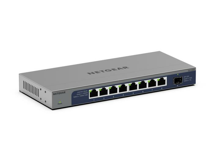 NETGEAR GS108X Unmanaged L2 8-Port Gigabit Switch, 1x SFP, 10G-Unterstützung, 36 Gbit/s, Grau, DC 12V