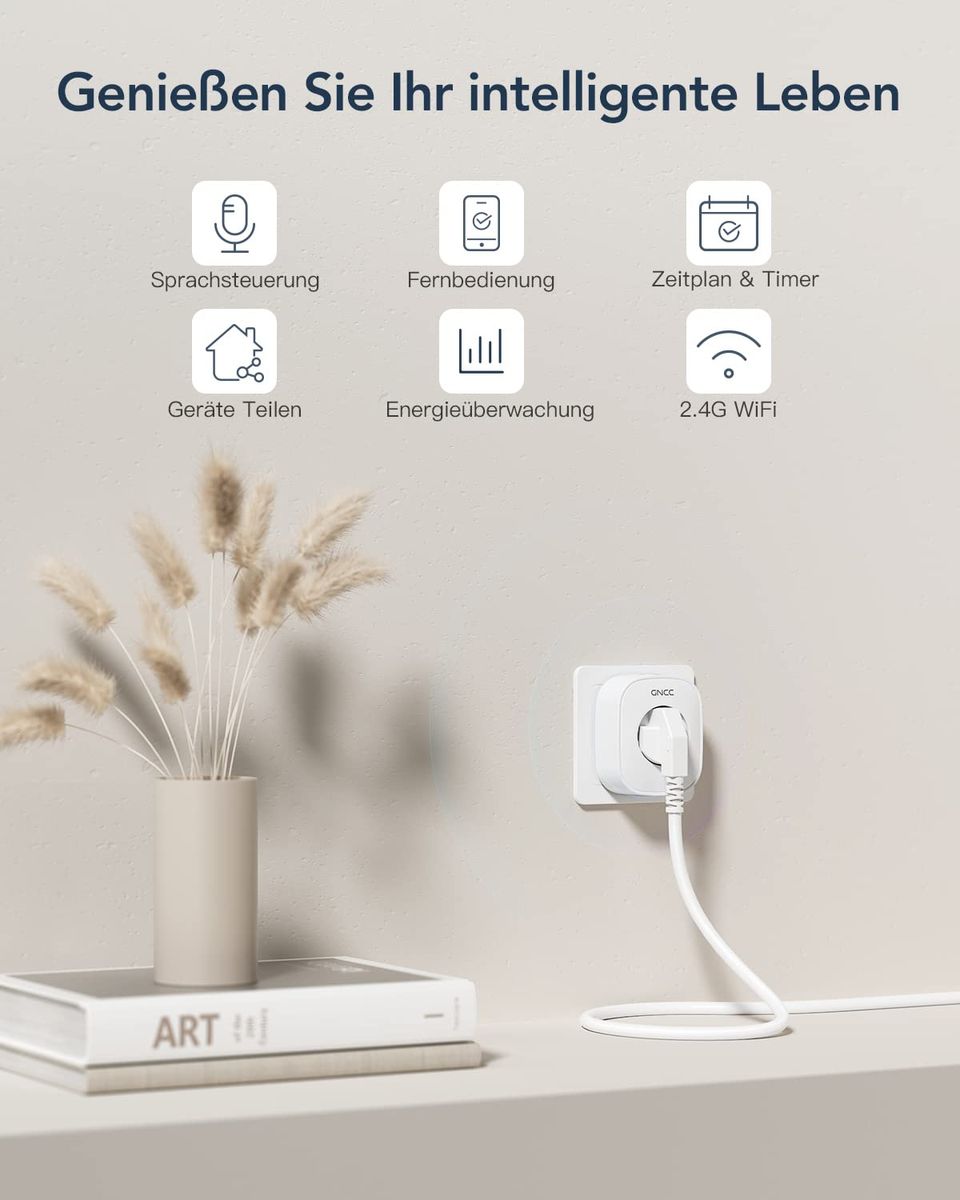 GNCC WLAN Smart Steckdose mit Energieverbrauchskontrolle Fernbedienung & Sprachsteuerung, Intelligente Steckdose Funktioniert mit Alexa/Google Home, Nur 2.4GHz WIFI, 16A 3680W，2 Stücke 2 Packs