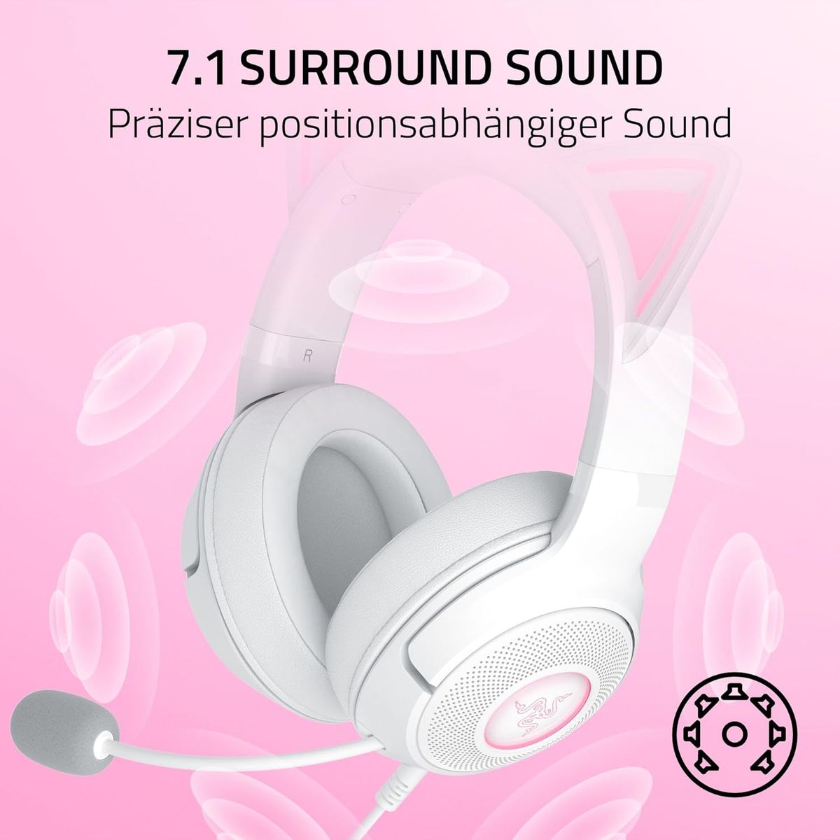 Razer Kraken Kitty V2 - Kabelgebundenes RGB-Headset mit Kitty Ohren für Gaming und Streaming (325 g, Triforce 40 mm Treiber, HyperClear Cardioid Mic, Surround Sound) Weiß