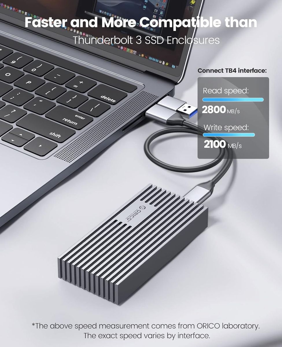 ORICO M234-U4-A NVMe M.2 SSD-Gehäuse, Thunderbolt 4/3 & USB 3.2 (40Gbps) ASM2464PD, Aluminium, PCIe 2280 M-Key/B+M, bis 2800 MB/s, Grau