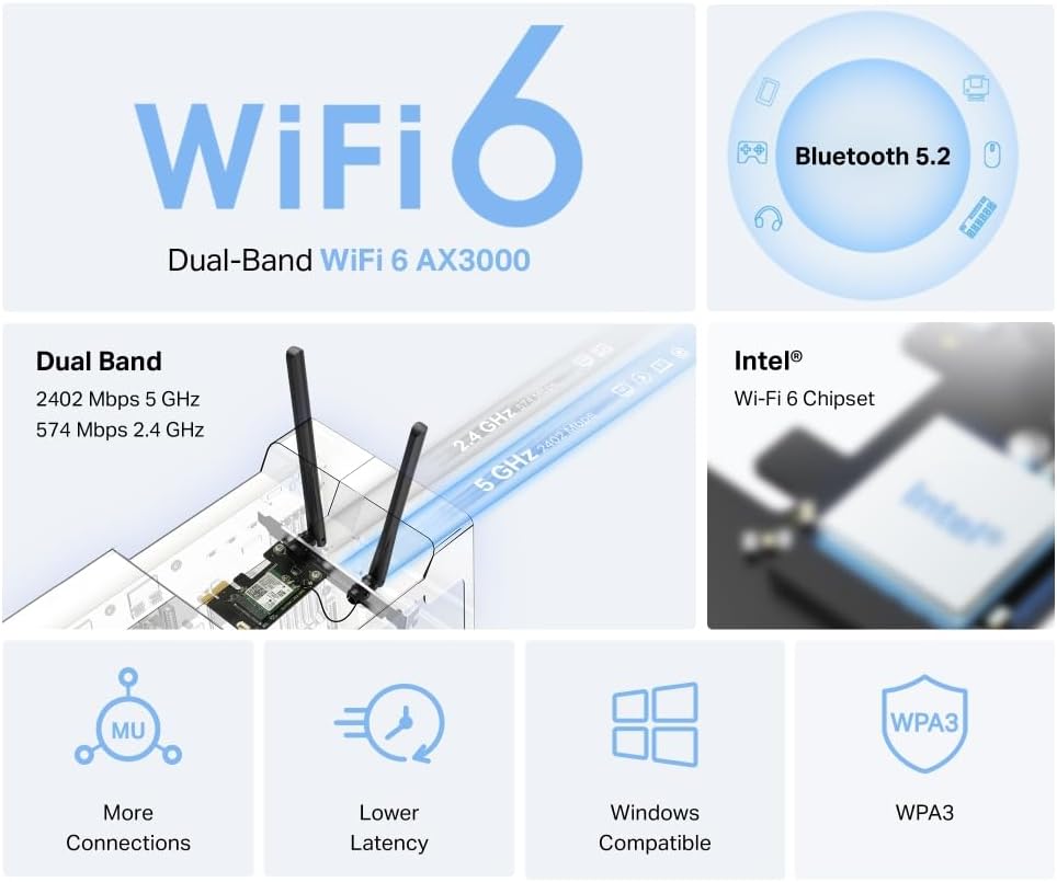 TP-Link Mercusys MA80XE(UN) V2.0 AX3000 PCIe Wi‑Fi 6 Adapter mit Bluetooth 5.2, Dual-Band 2,4/5 GHz, WPA3, für PC (Windows)