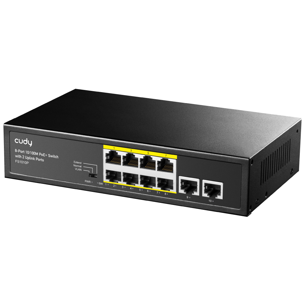 Cudy FS1010P 8-Port PoE Netzwerk-Switch Fast Ethernet 10/100, 8x PoE (2x PoE+), 120W Gesamtleistung, Metallgehäuse, Schwarz