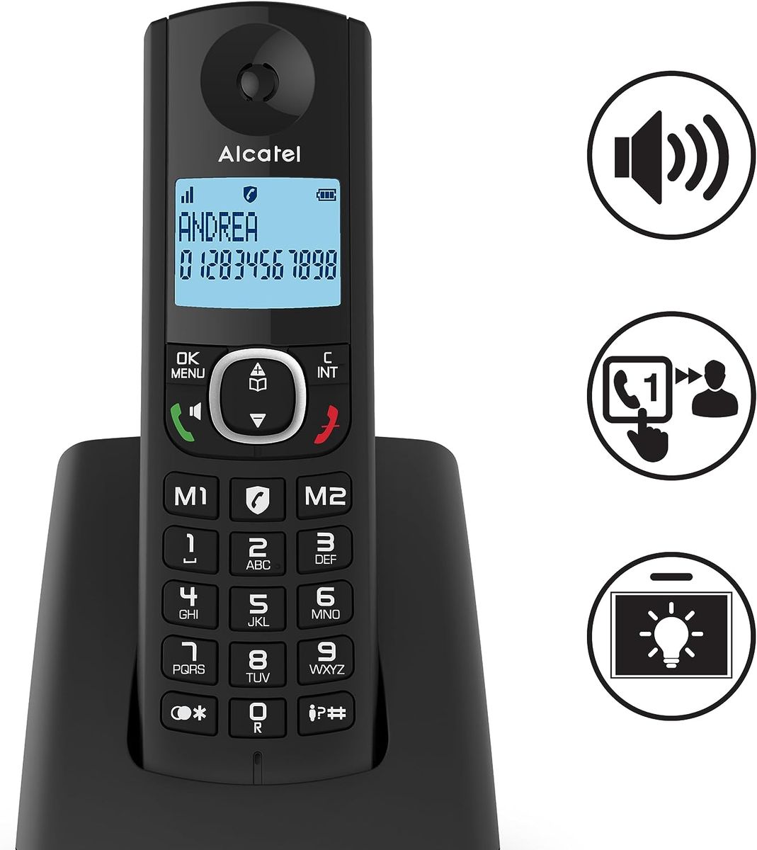 Alcatel F530 – Schnurloses Telefon mit erweiterter Anrufblockierung, Freisprecheinrichtung, großes beleuchtetes Display, VIP-Klingeltöne,10 Anrufmelodien, Schwarz