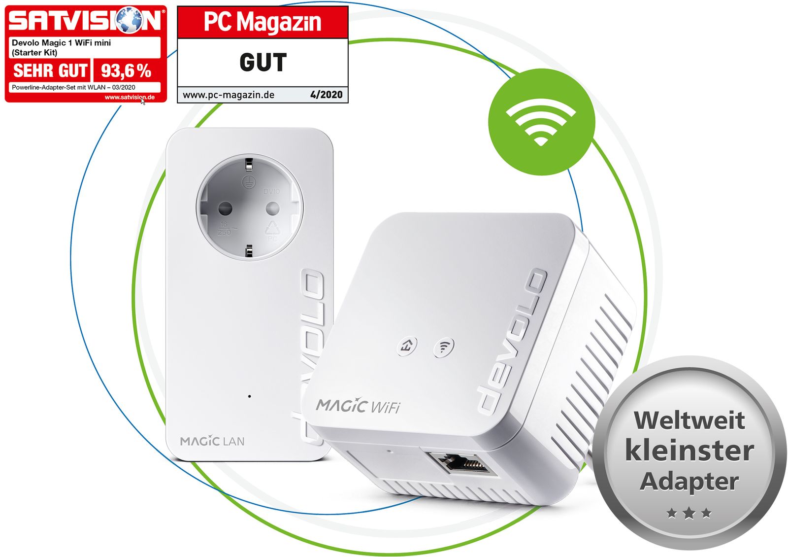 devolo Magic 1 WiFi mini Starter Kit, Powerline Mesh G.hn 1200 Mbit/s, Fast Ethernet, WLAN Wi‑Fi 4, Eingebaute Steckdose, Weiß, 2er-Set