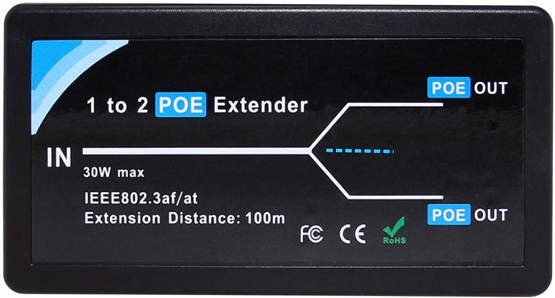 Revotech 2 Port POE Extender 10,100Mbps IEEE 802.3af/at Standard Einhalten, POE Repeater 100 Meter(328 ft) Extender 1 in 2 Out für POE IP-Kamera über Cat5/Cat6 oder bessere UTP-Kabel (POE5003)